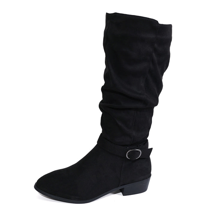 Damen kniehoher Slouch-Stiefel aus weichem Microvelours mit Ziergurt und niedrigem Blockabsatz Drune