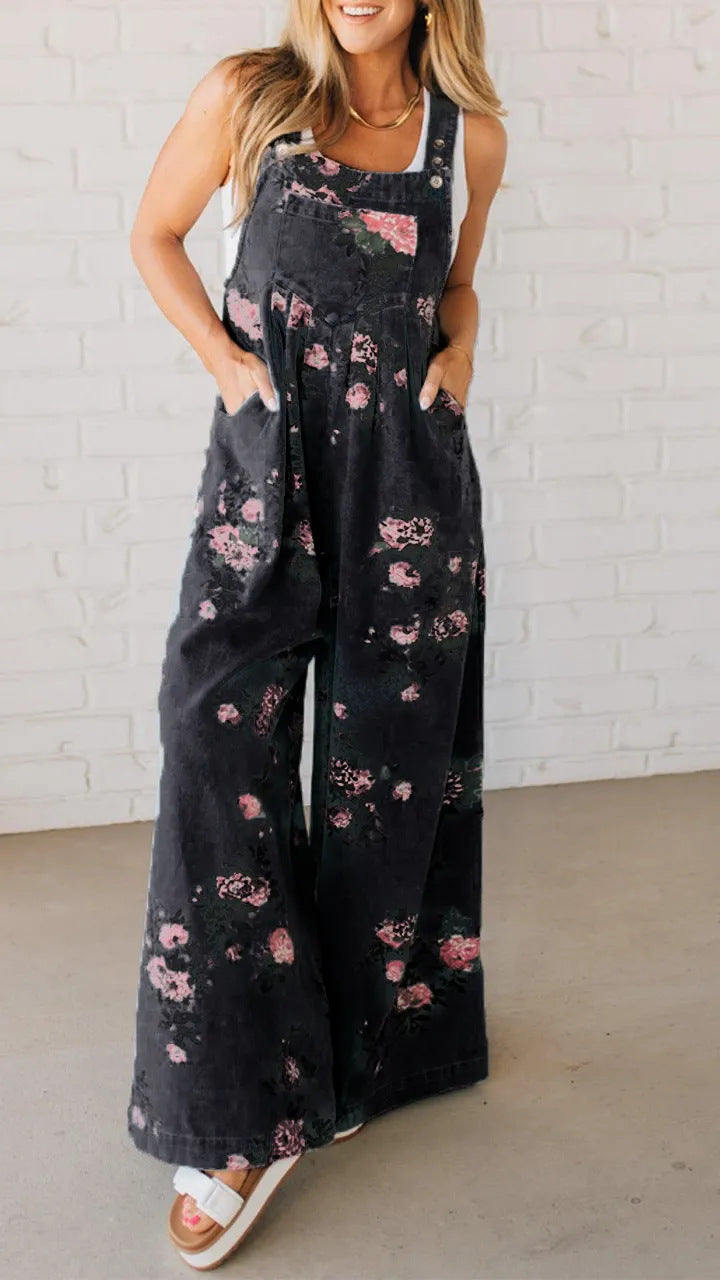 Damen Baumwoll-Overall mit floralem Druck und weiten Beinen Drune