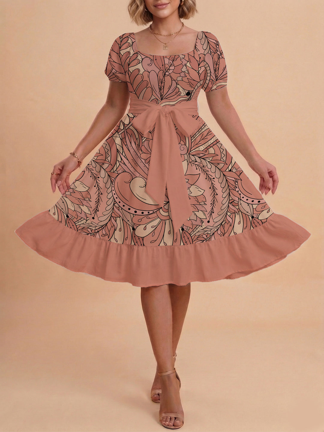 Damen elegantes Maxikleid mit floralem Design und Taillengürtel Drune