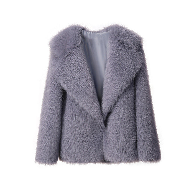 Damen Elegante Kunstpelzjacke mit großem Kragen Drune