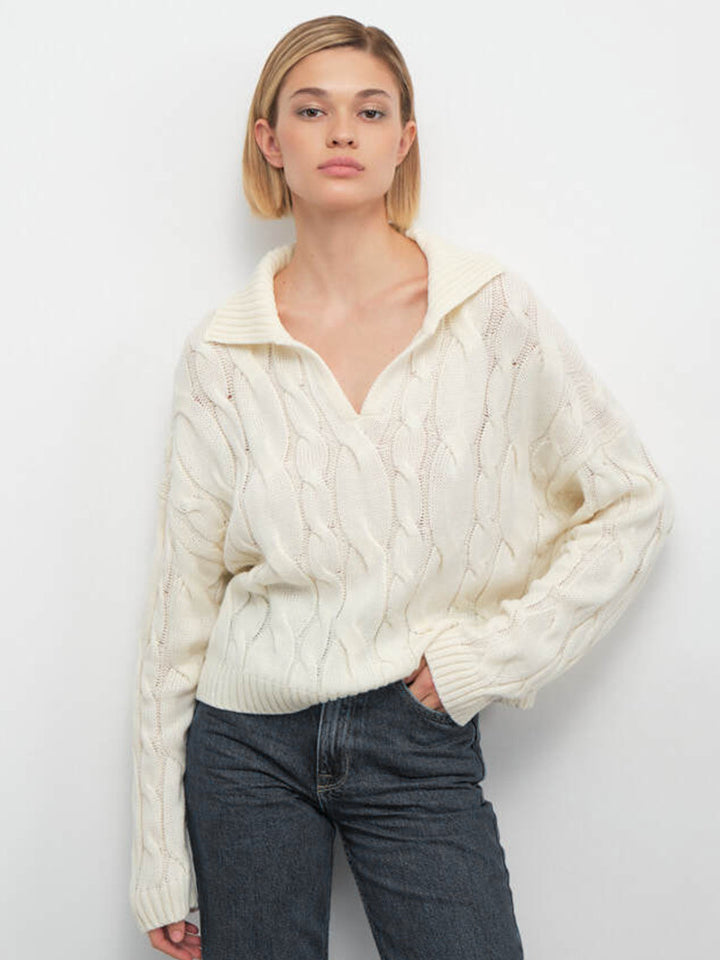 Damen Hoher Kragen Strickpullover mit Zopfmuster Drune