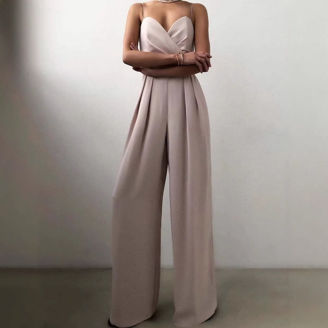 Damen eleganter Jumpsuit mit tiefem V-Ausschnitt und weiten Beinen Drune