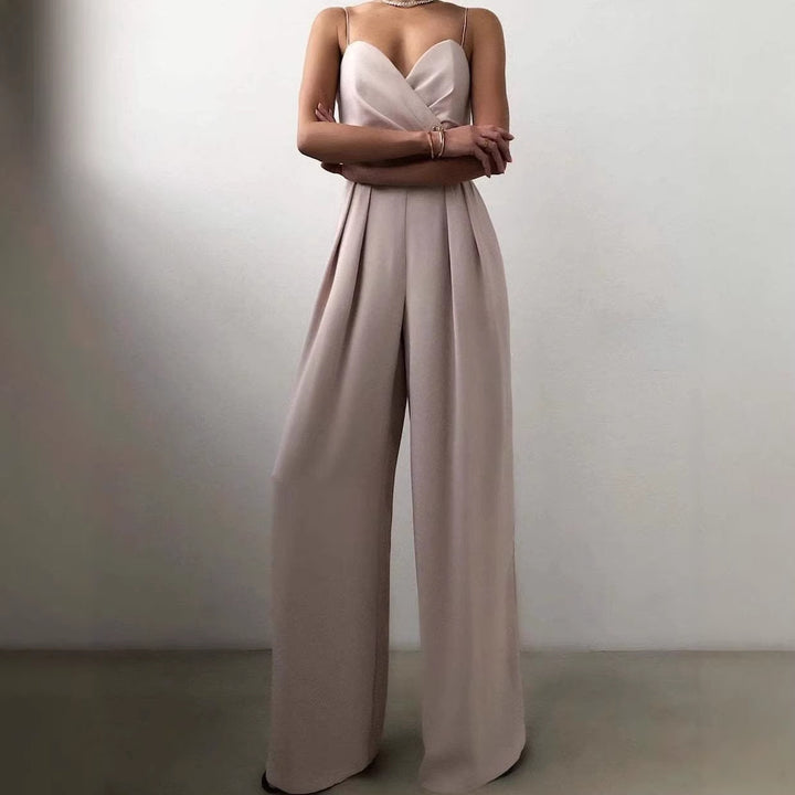 Damen eleganter Jumpsuit mit tiefem V-Ausschnitt und weiten Beinen Drune