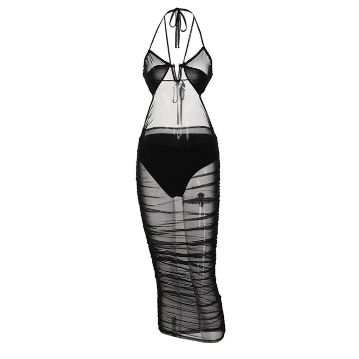 Damen Transparente Bodycon Maxikleid mit tiefem Ausschnitt und verspielten Trägern Drune