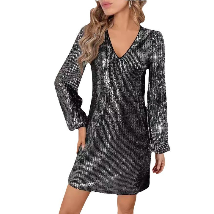 Damen Glitzerndes Minikleid mit V-Ausschnitt und langen Ärmeln Drune