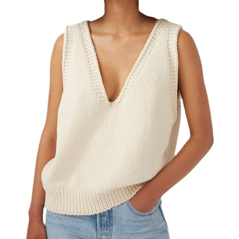 Damen stylischer Stricktop mit tiefem V-Ausschnitt und breiten Trägern Drune