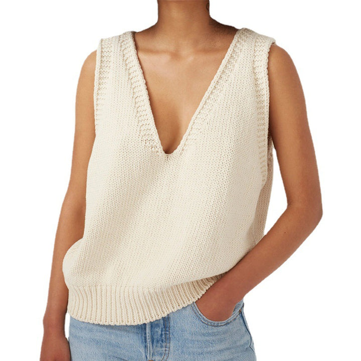 Damen stylischer Stricktop mit tiefem V-Ausschnitt und breiten Trägern Drune