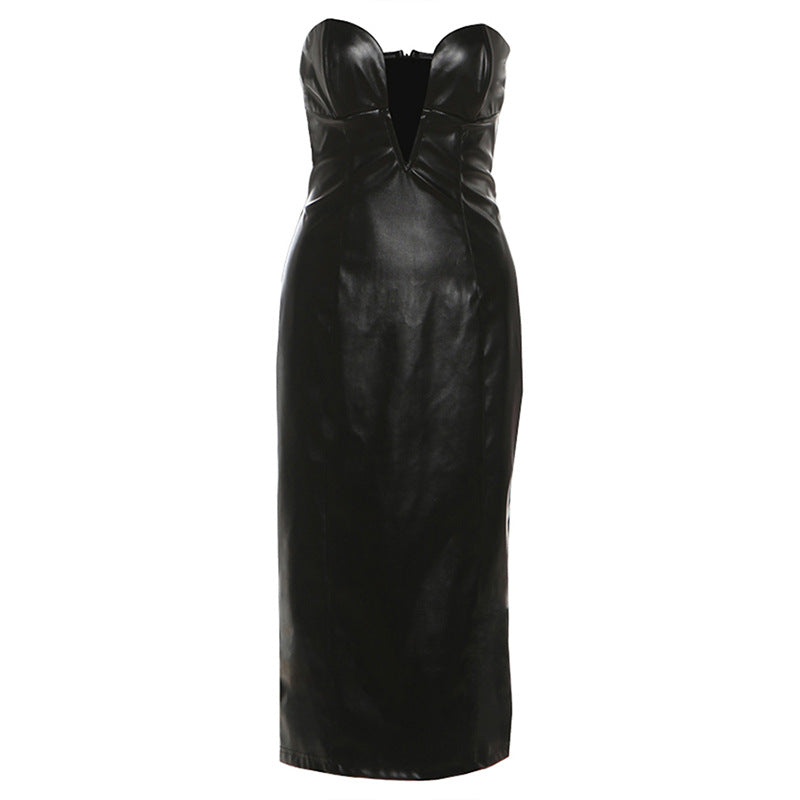 Damen figurbetontes Lederkleid mit herzförmigem Ausschnitt und eleganten Raffungselementen Drune
