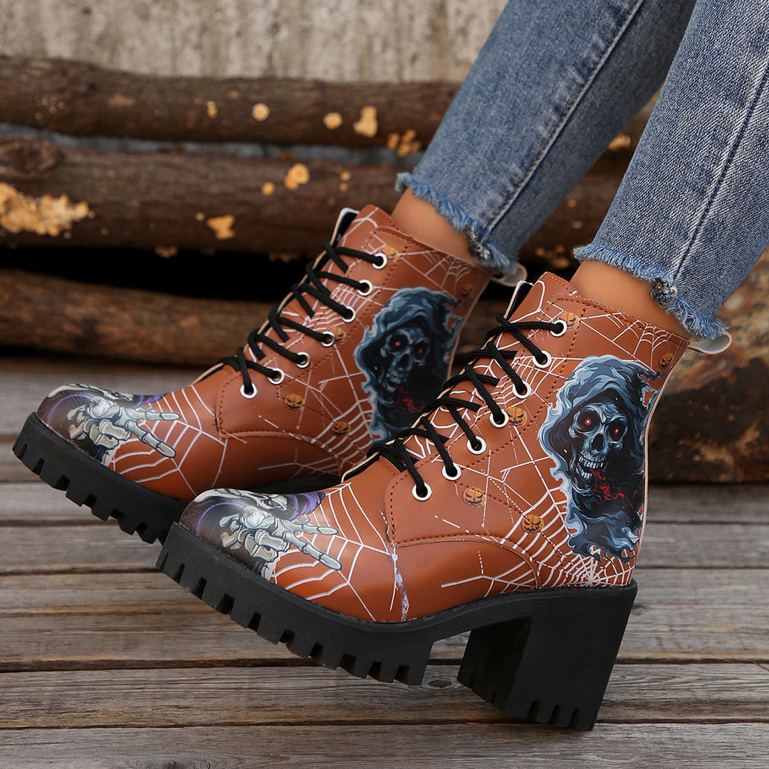 Damen Grafik Halloween Combat Boots mit Chunky Heel Drune