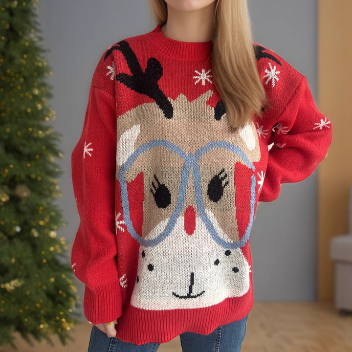 Damen festlicher Pullover mit weihnachtlichem Rentier-Motiv und lockerer Passform Drune