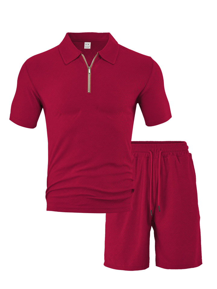 Herren nan komfortables Kurzarm-Halbzip-Set mit Polokragen und elastischer Kordelhose aus Strukturstrick Drune