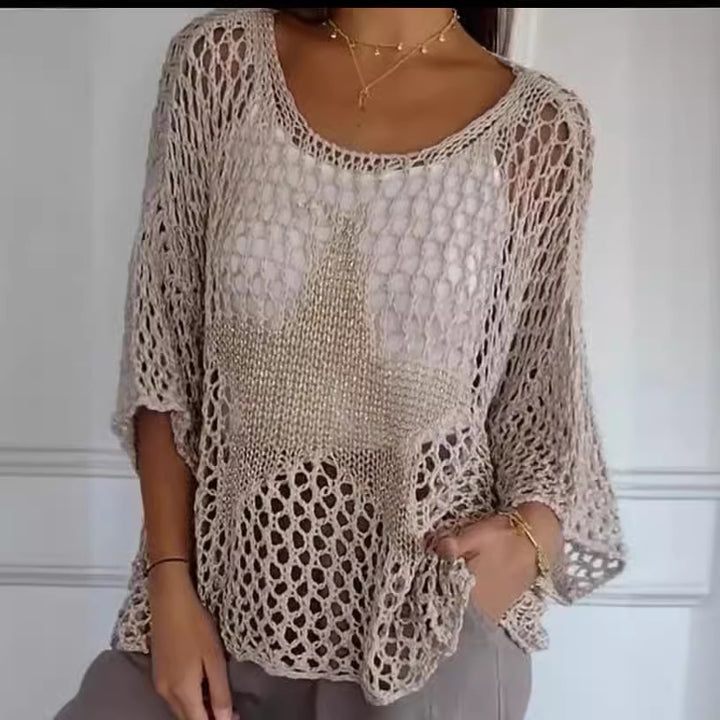 Damen nan oversized gehäkelter Pullover mit Sternapplikation und 3/4-Ärmeln Drune