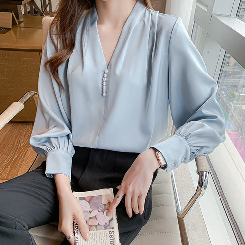 Damen elegante Bluse mit Rüschenärmeln und perlverzierten Knöpfen Drune