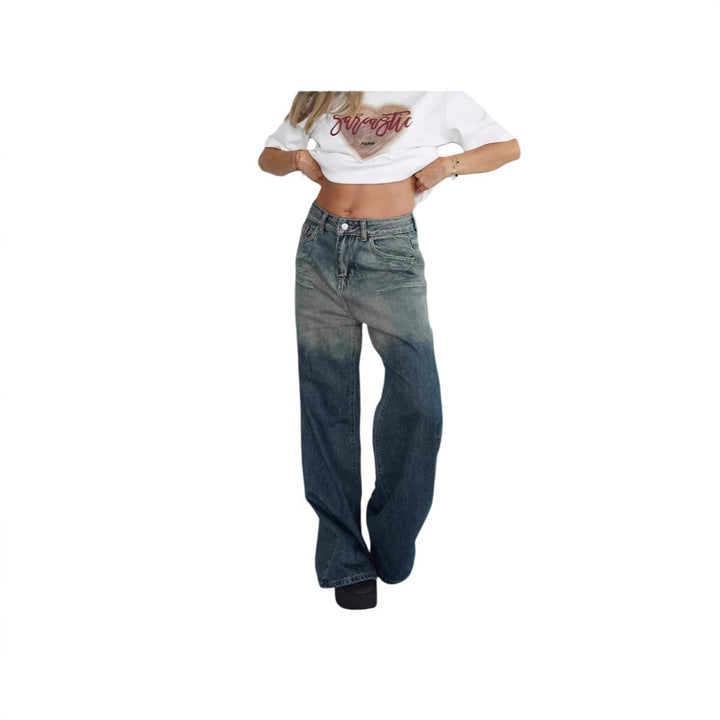 Damen lockere High-Waist Jeans mit angesagtem Farbverlauf und weitem Bein Drune