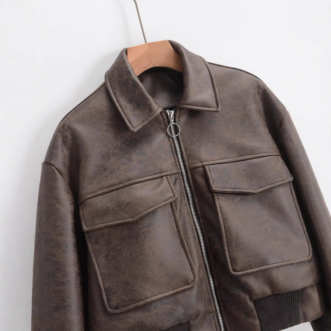 Damen cropped Kunstlederjacke mit aufgesetzten Taschen Drune