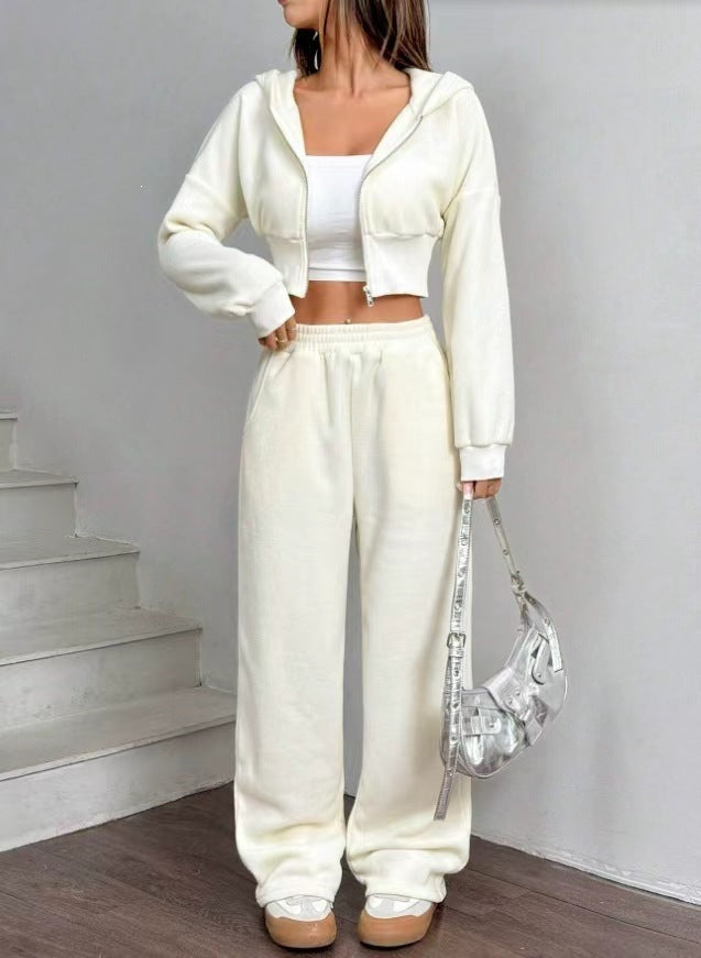 Damen nan kurzes Kapuzen-Sweatshirt mit Reißverschluss und weite High-Waist Jogginghose Drune