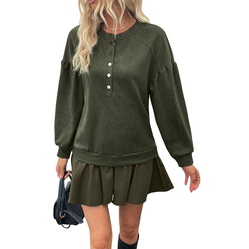 Damen Sportsweatshirt mit Knopfleiste und Rüschensaum Drune