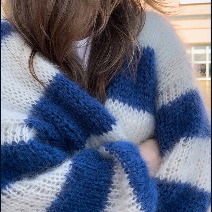 Damen Grobstrickjacke mit modischem Streifenmuster und weiten Ärmeln Drune