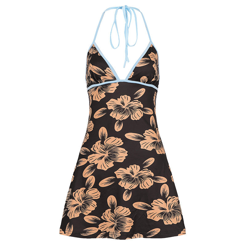 Damen Blütenmuster Strandkleid mit Spaghetti-Trägern und offener Rückenpartie Drune