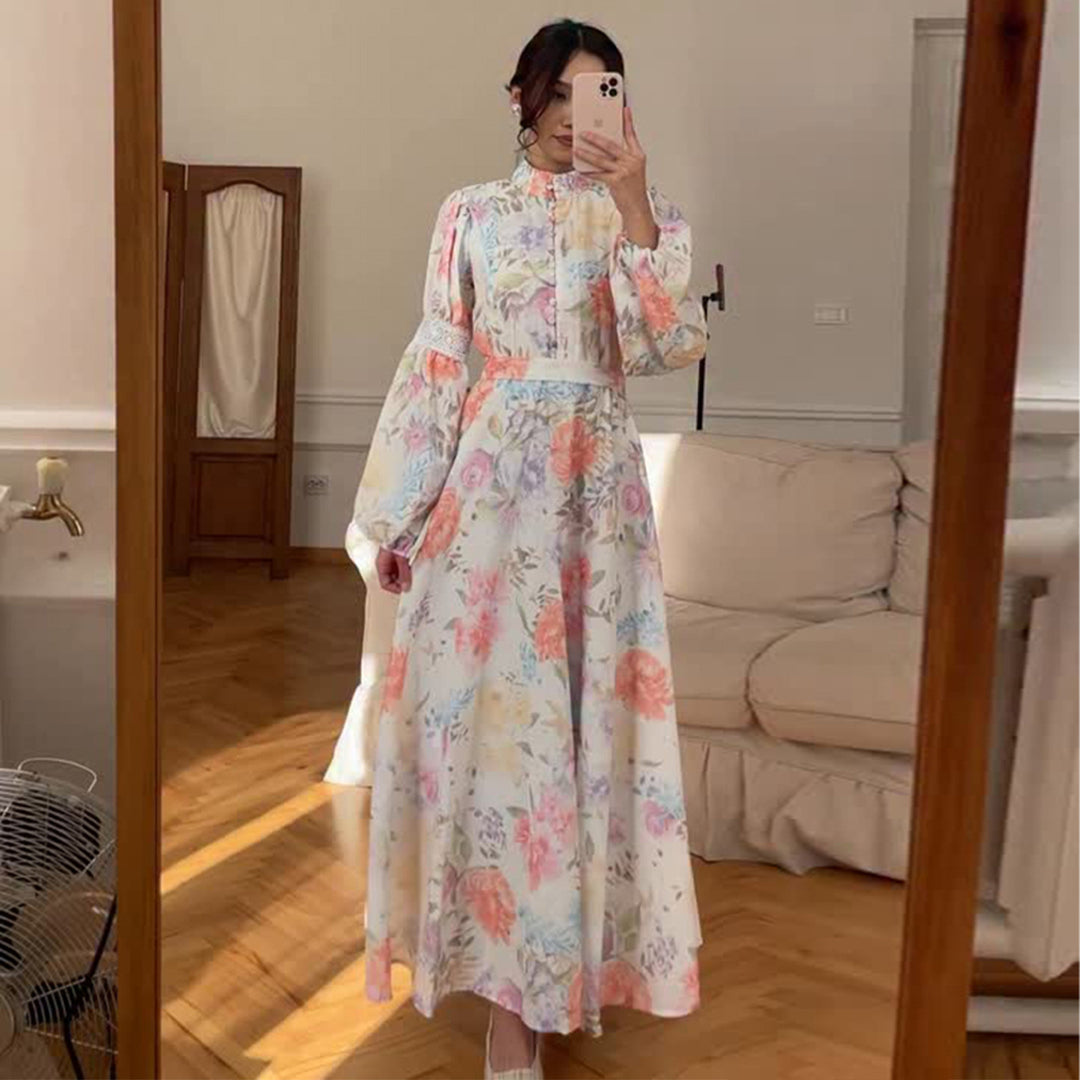 Damen Maxikleid mit feinem Blumenmuster und eleganten Puffärmeln Drune
