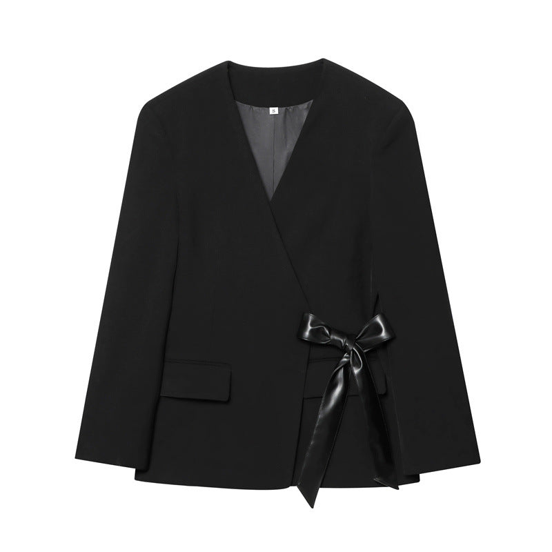Damen elegante Wickelblazerjacke mit taillierbarem Satin-Gürtel Drune