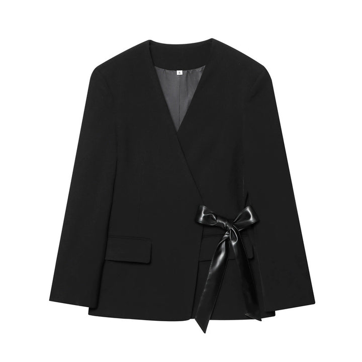 Damen elegante Wickelblazerjacke mit taillierbarem Satin-Gürtel Drune