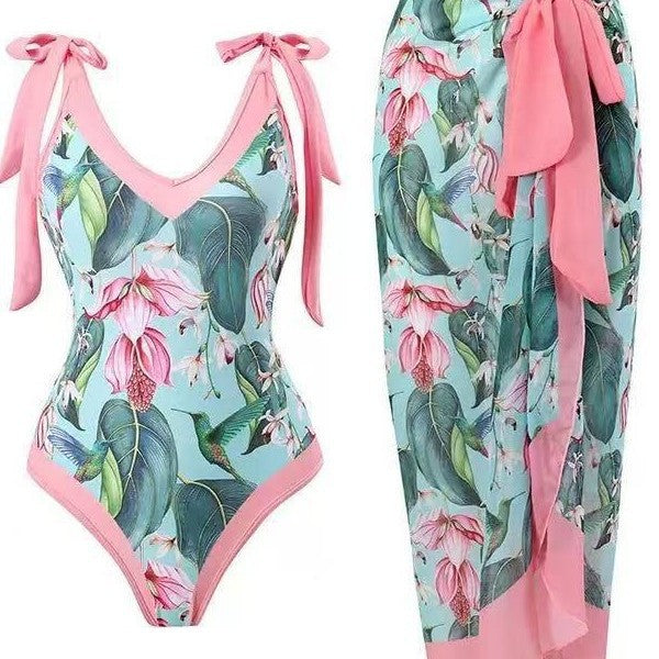 Damen Badeanzug mit floralem Design und transparentem Wickelrock Drune