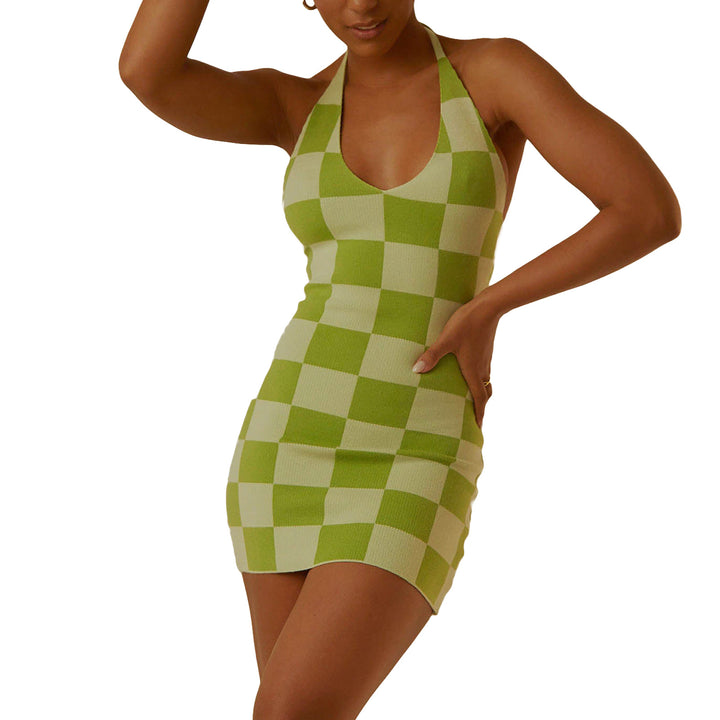 Damen enganliegendes Karomuster-Kleid mit tiefem V-Ausschnitt Drune