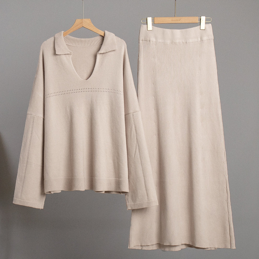Damen Lässiger Pullover mit V-Ausschnitt und passendem Maxirock Drune