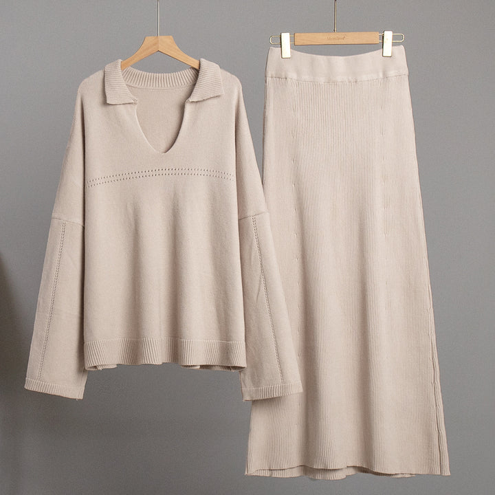Damen Lässiger Pullover mit V-Ausschnitt und passendem Maxirock Drune