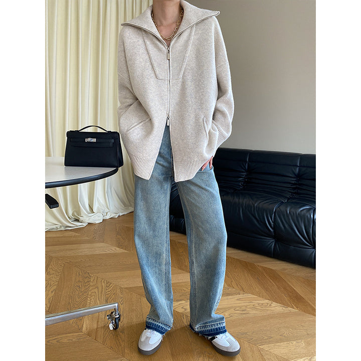 Damen lässige Zip-Up Strickjacke mit hohem Kragen und seitlichen Taschen Drune