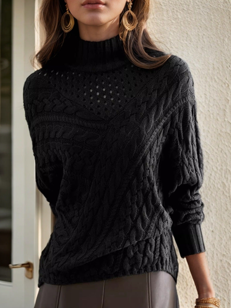 Damen Strickpullover mit hohem Kragen und detailliertem Kabelmuster Drune