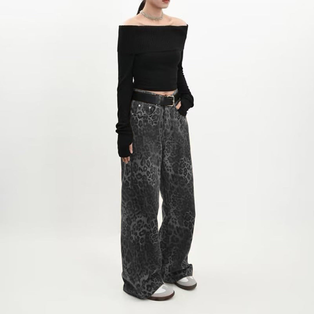 Damen Freizeithose mit Leopardenmuster und hohem Bund Drune