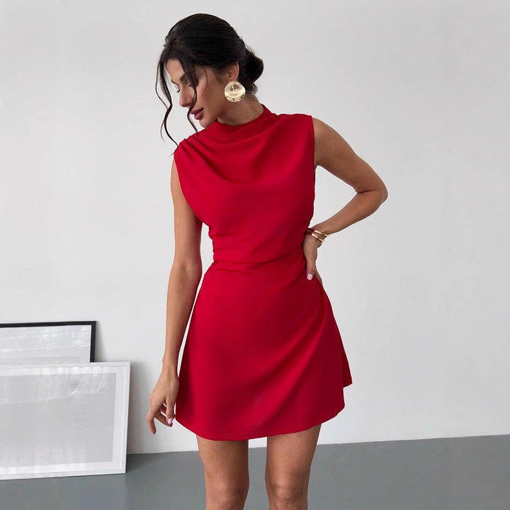 Damen Elegantes Kurzarmkleid mit hohem Stehkragen und geschmeidigem Schnitt Drune
