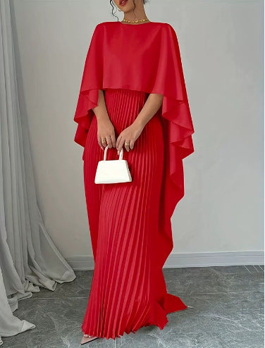 Damen Maxikleid mit plissiertem Rock und fließendem Cape Drune