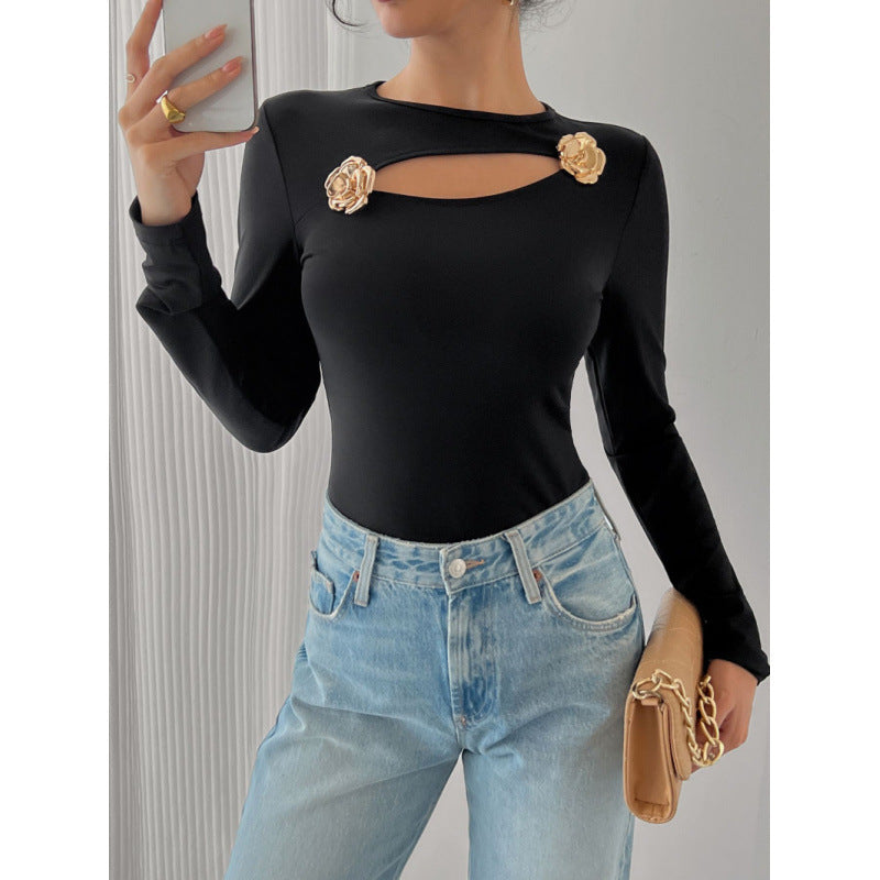 Damen Elegantes Langarm-Bodysuit mit dekorativen Blumenakzenten Drune