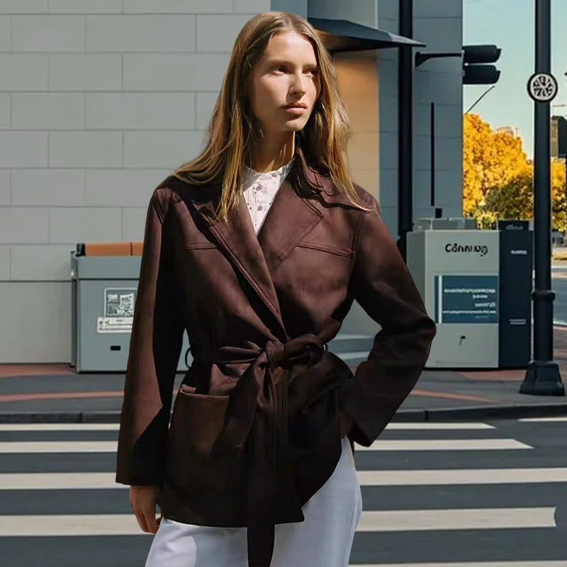 Damen modische Kunstlederjacke mit Taillengürtel und praktischen Taschen Drune