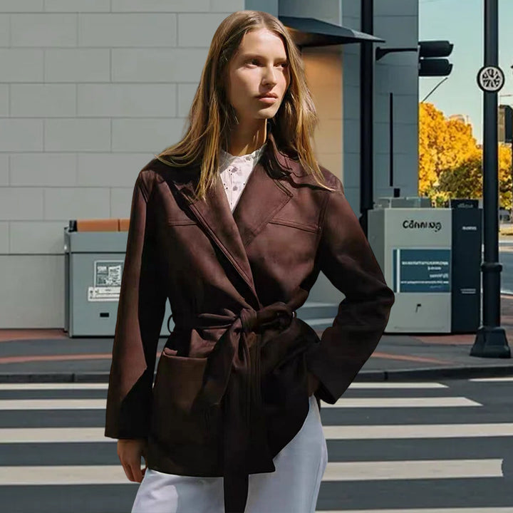 Damen modische Kunstlederjacke mit Taillengürtel und praktischen Taschen Drune