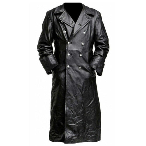 Drune | langer Mantel - Taillierter Schnitt - Doppelreiher - Lederlook mit breiten Revers