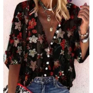 Damen Transparente Bluse mit floralen Stickereien und übergroßem Schnitt Drune