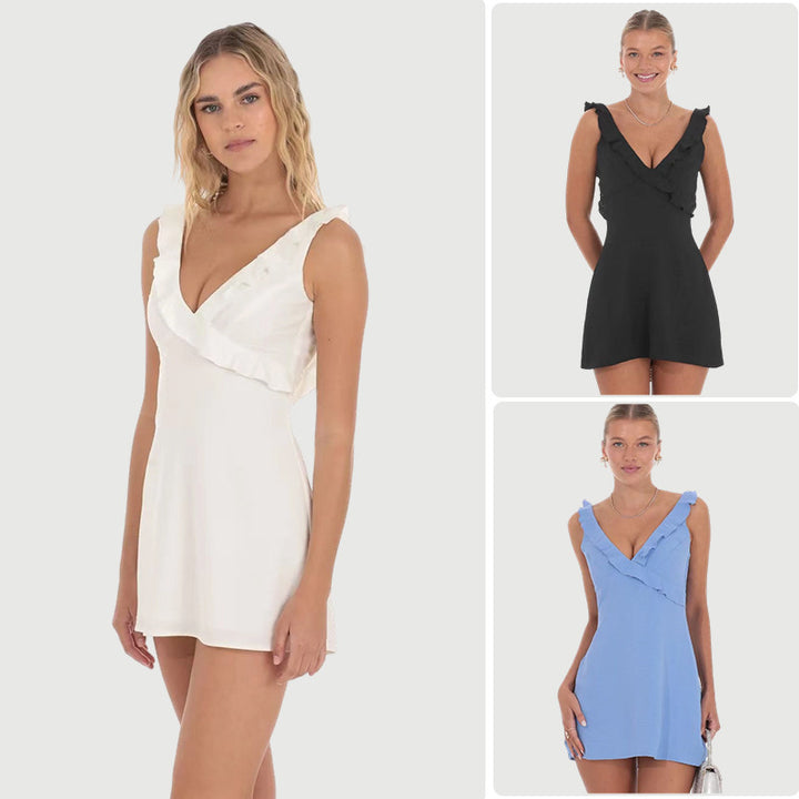Damen Cocktailkleid mit rüschenverziertem V-Ausschnitt und schwingendem Rock Drune