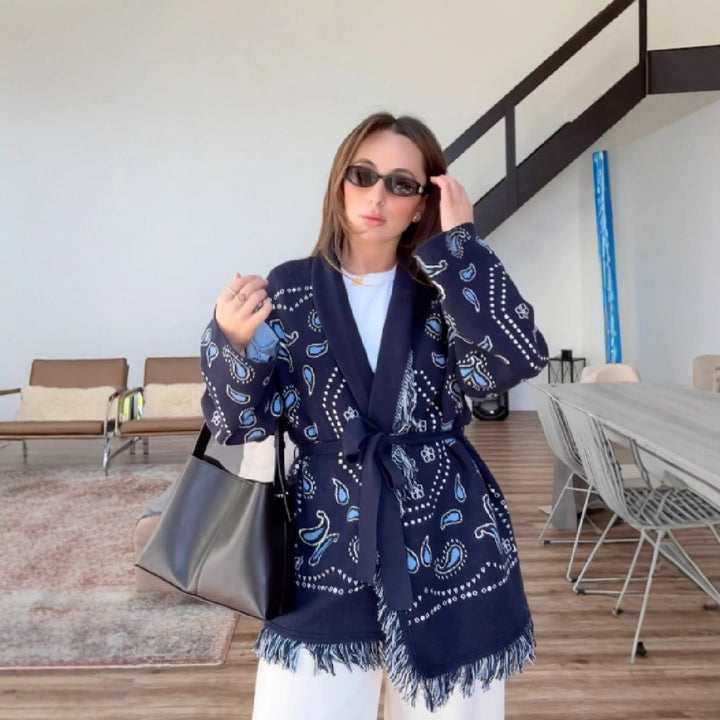 Damen Oversized Kimono-Weste mit raffinierten Fransen und buntem Paisleydruck Drune