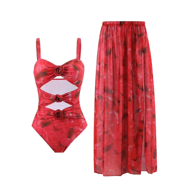 Damen Einteiler Badeanzug mit floralem Design und transparentem Überrock Drune