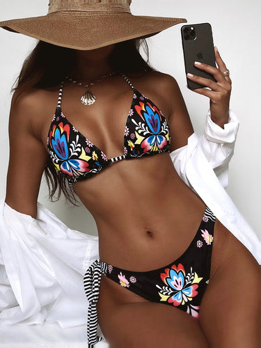 Damen Bunt gemusterter Triangel-Bikini mit verspielten Bindebändern Drune