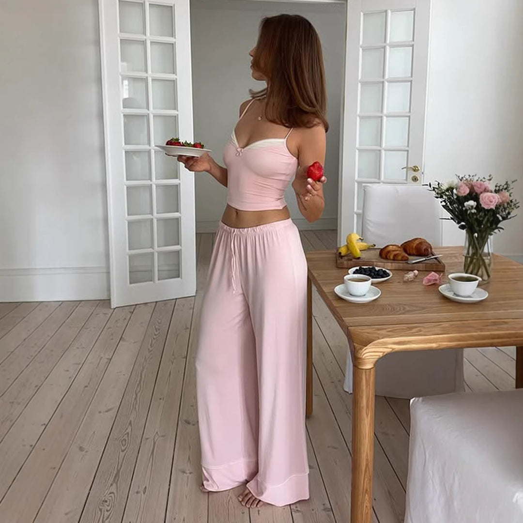 Damen Schlafanzug Set mit Spaghetti-Trägern und weitem Bein Drune