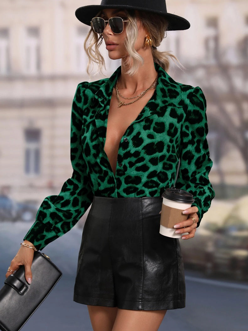 Damen Modische Bluse im Leopardenmuster mit eleganten Puffärmeln Drune