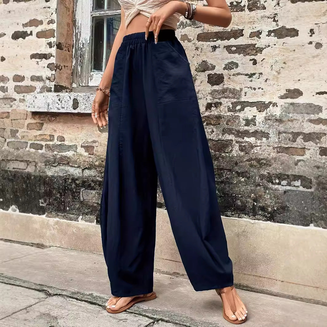 Damen weite Leinenhose mit elastischem Taillenbund und Seitentaschen Drune