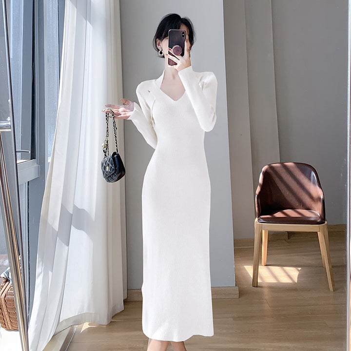 Damen langärmliges Kleid mit V-Ausschnitt und seitlichem Schlitz Drune