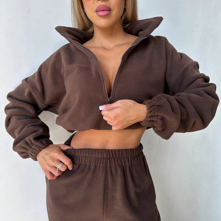 Damen lässiger Fleece Crop-Pullover und Freizeithosen Drune