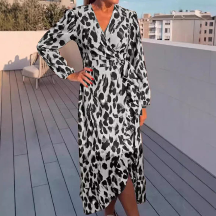 Damen nan Wickel-Midikleid mit Tiermuster, V-Ausschnitt, Taillenband und asymmetrischem Volant Drune